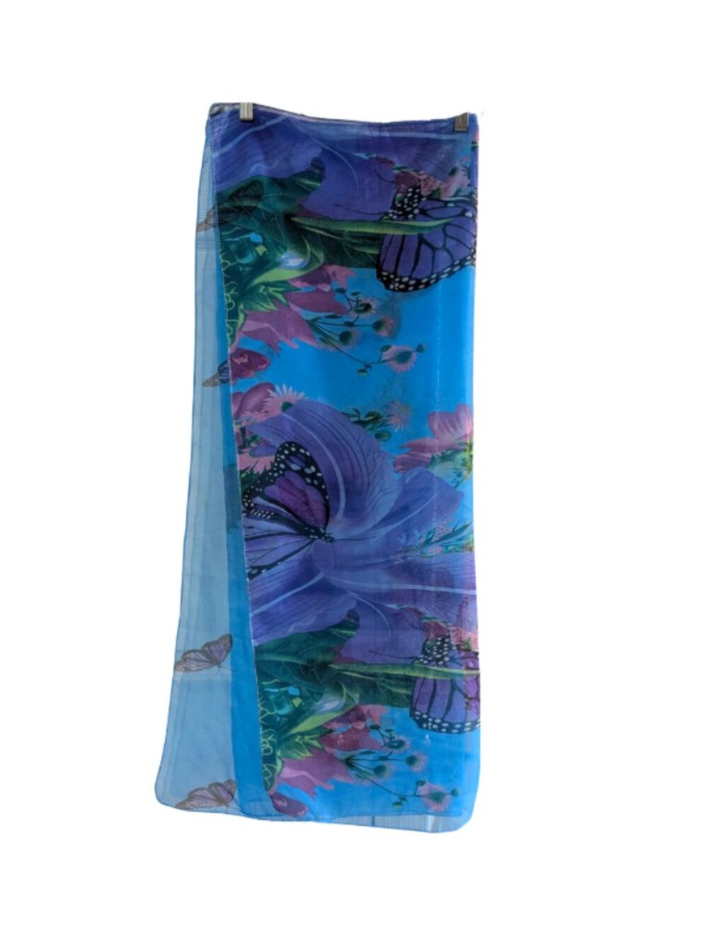 Tropical Butterfly and Floral Sheer Sarong Wrap, Blue Purple Pink Green, 68"x37"